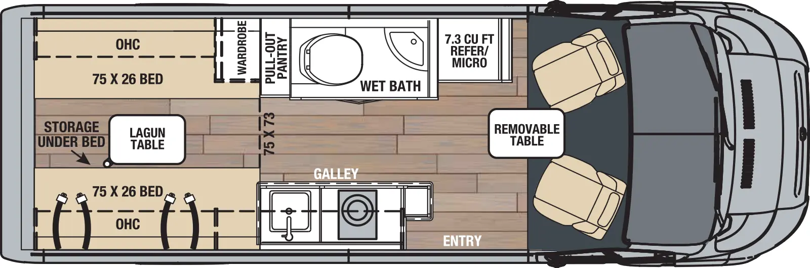 The 20D has no slideouts and one entry. Interior layout front to back: cockpit chairs swivel with removeable table; off-door side refrigerator and microwave, wet bath, and pull-out pantry; door side entry and kitchen galley; rear opposing 75 x 26 inch beds with overhead cabinets with storage underneath and a lagun table, and a wardrobe on the off-door side.